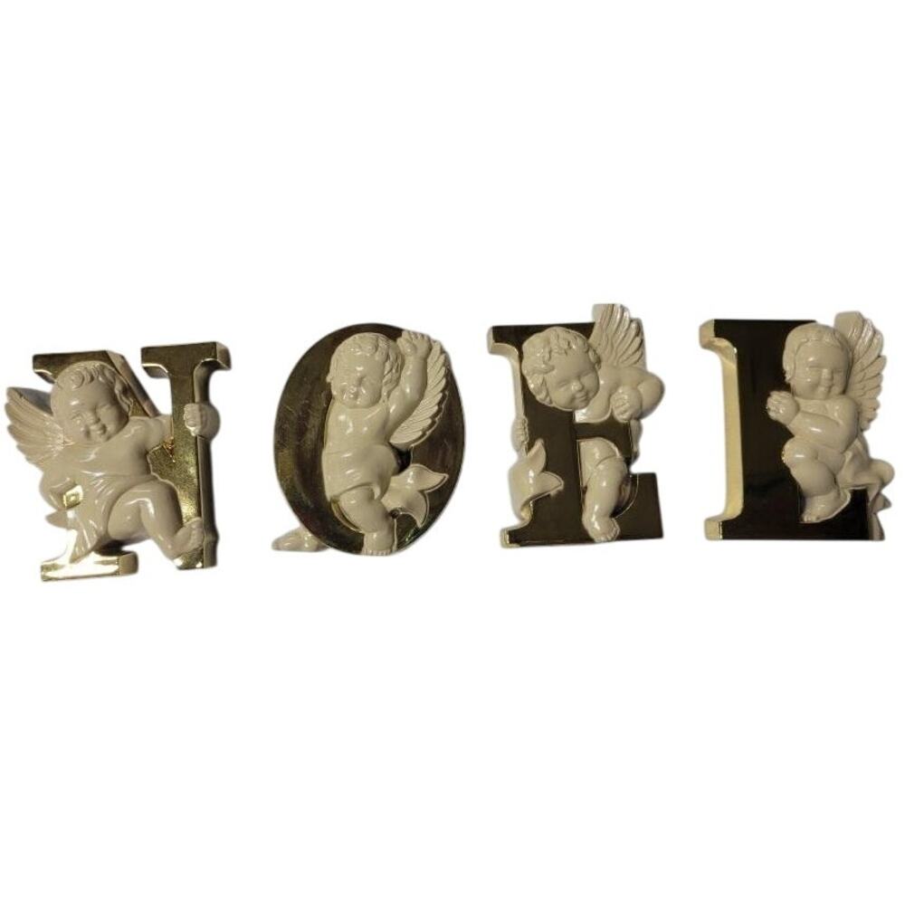 Vintage Noel Cherub Burwood Wall Plaques Gold Angel Christmas Decor MCM
